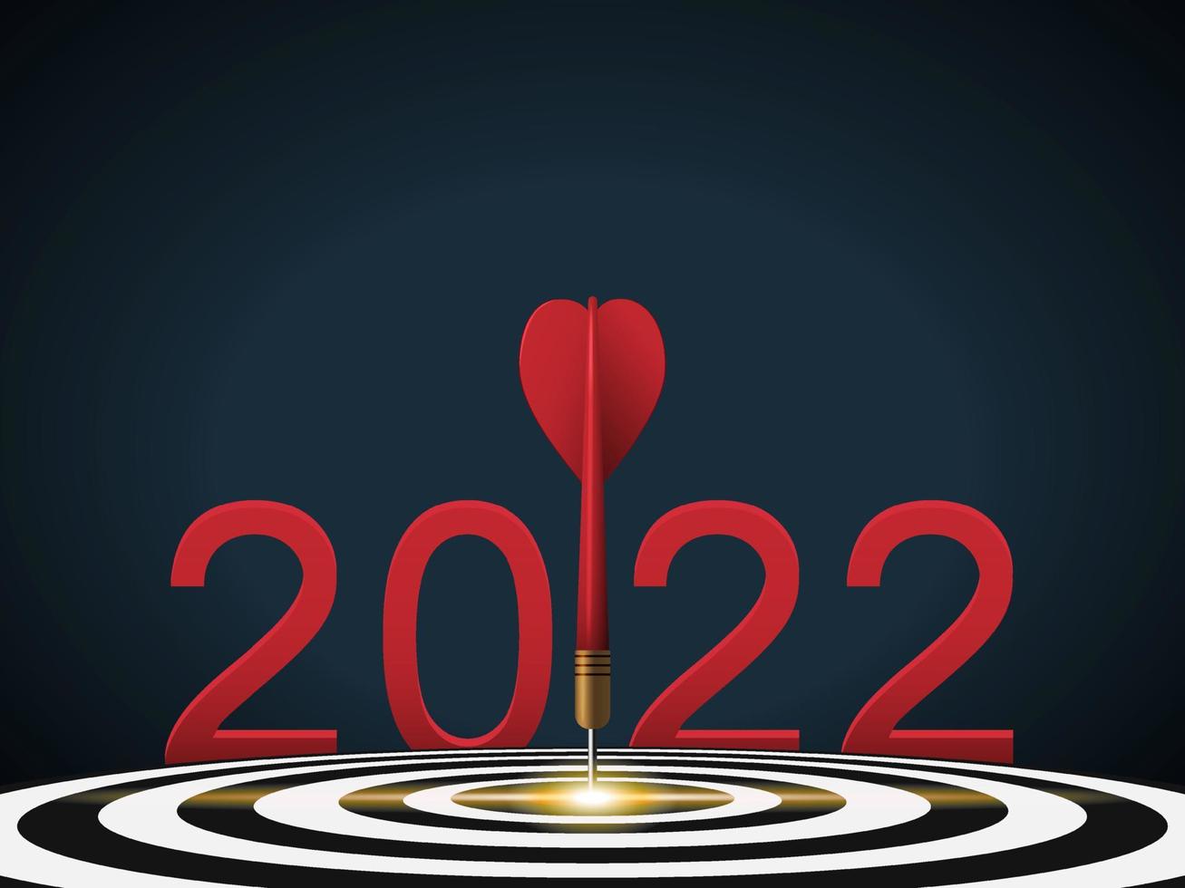 Red dart hit to center of dartboard between number. 2022 New Year with 3d target and goals. Arrow on bullseye in target for new year 2022. Business success, strategy, achievement, purpose concept vector