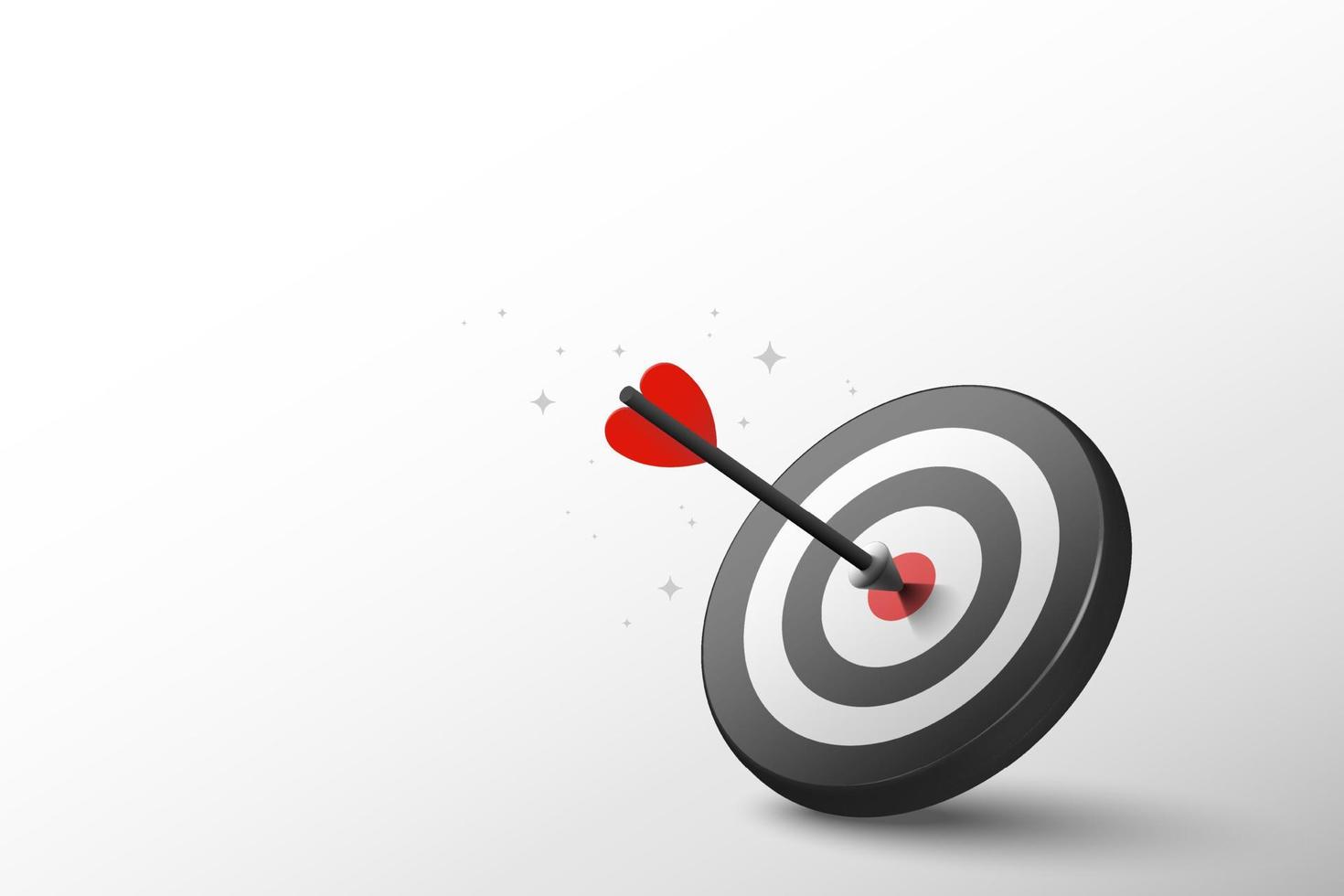 3d Red dart hit to center of dartboard. Arrow on bullseye in target. Business success, investment goal, opportunity challenge, aim strategy, achievement focus concept. 3d realistic vector illustration