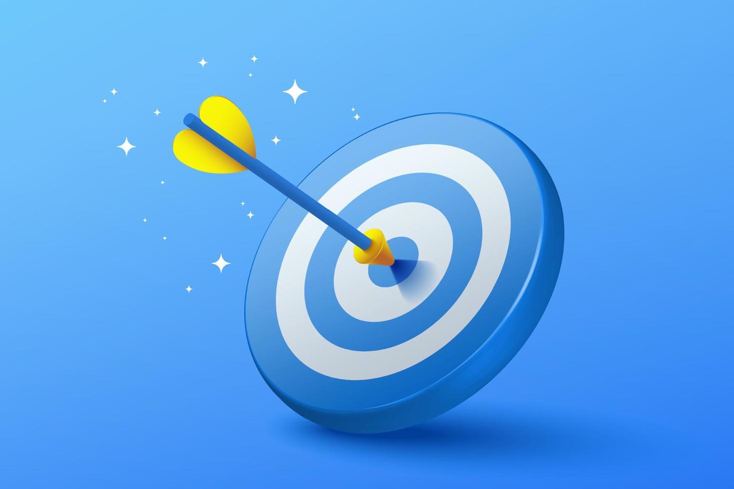 Blue dart hit to center of dartboard. Arrow on bullseye in target. Business success, investment goal, opportunity challenge, aim strategy, achievement focus concept. 3d realistic vector illustration