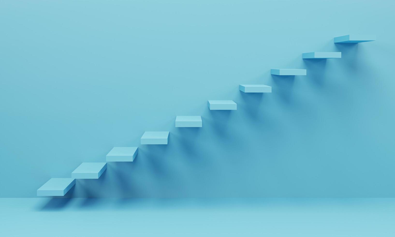 3d rendering, 3d illustration. Rising stair going upward in blue empty room. Abstract minimal architecture background. photo