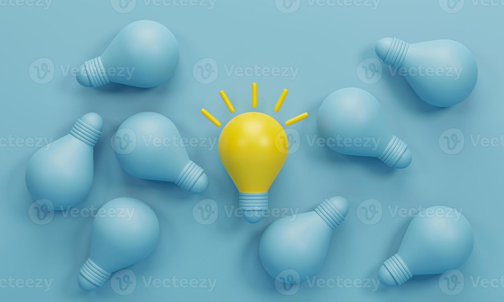 3d render 3d illustration. Yellow light bulb between the bulbs others on blue light background. Concepts of leadership, innovation, different creative idea and individuality. photo