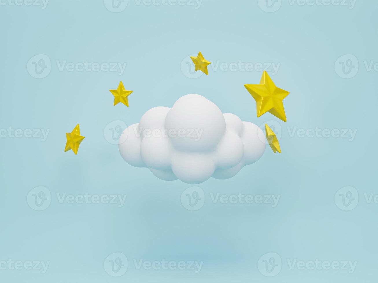 3d rendering, 3d illustration. Yellow stars and white clouds on blue background. Modern minimal concept. photo