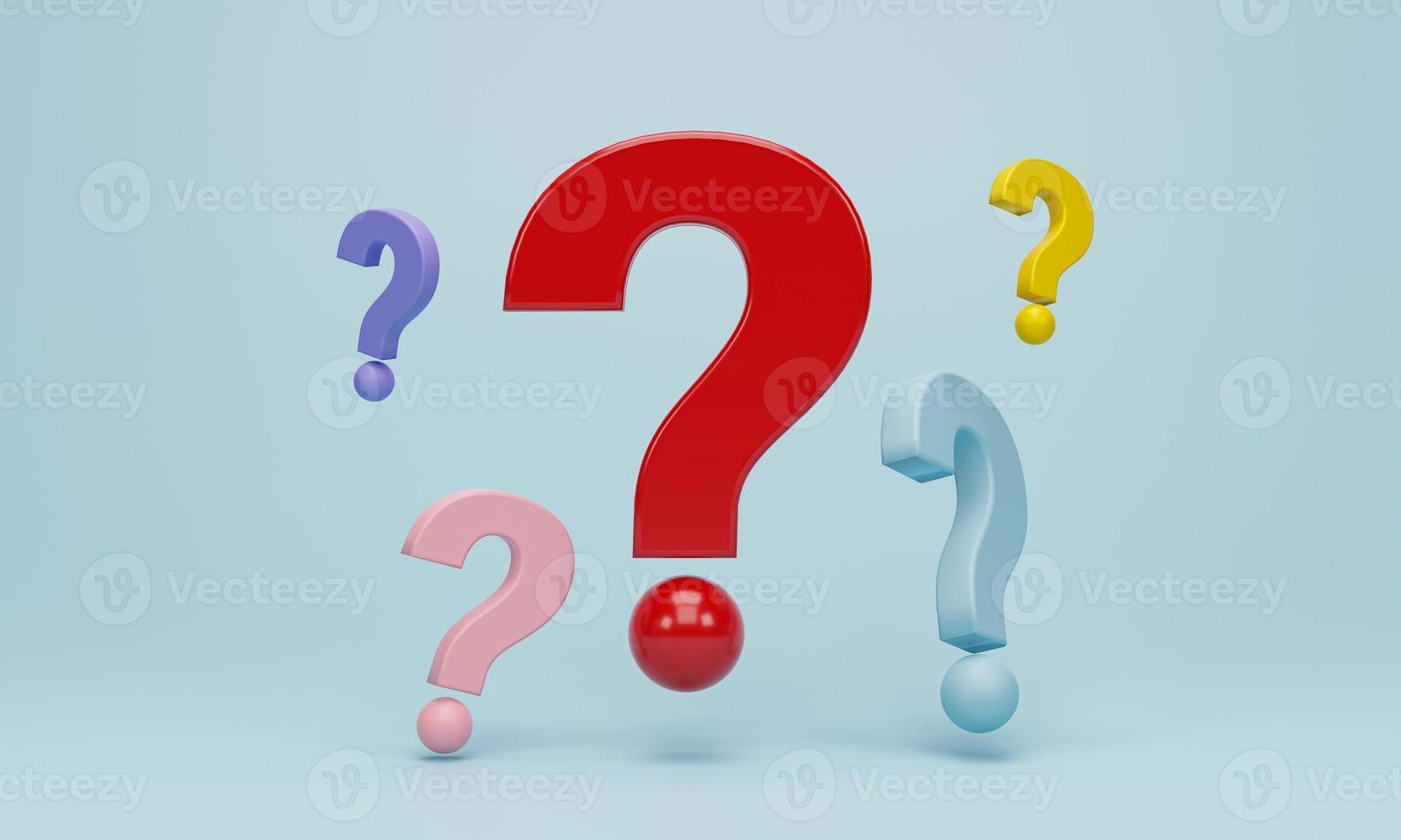 3D Rendering, 3d illustration. Group of colorful question marks on blue pastel background. FAQ and QA concept. photo