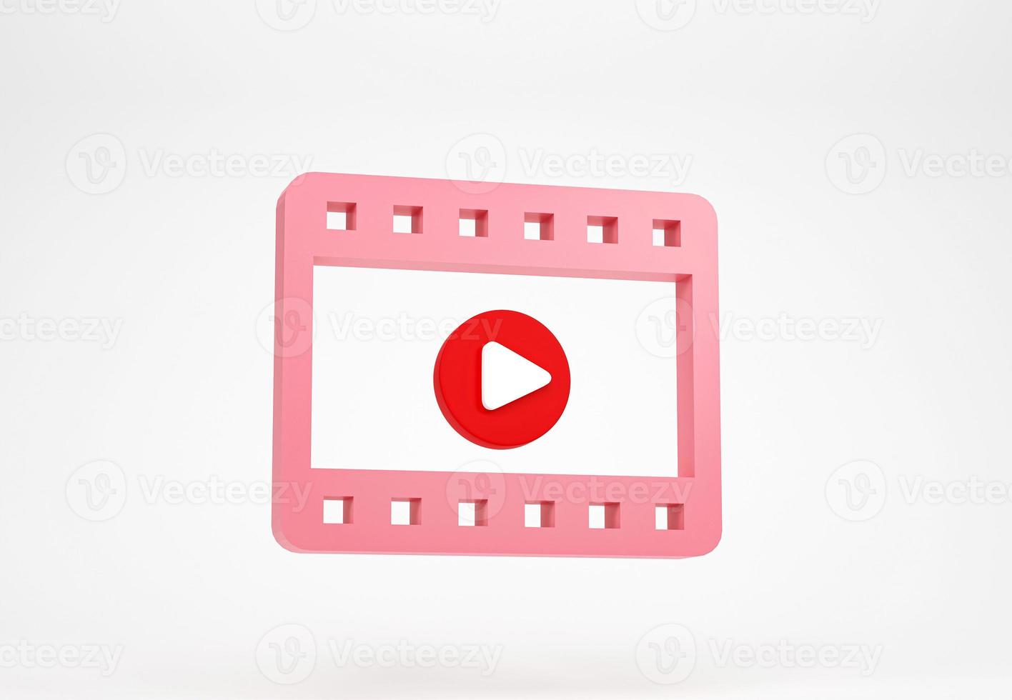 3D rendering, 3D illustration. Pink play video icon isolated on white background. Minimal film cinema play icon. Concept of video player, web page, play button or streaming photo