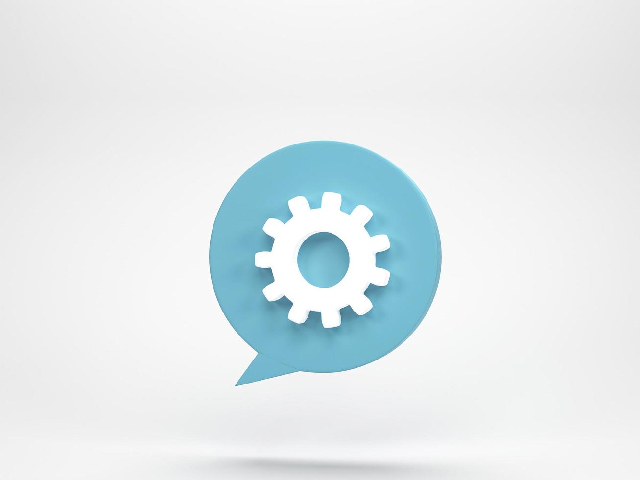 3D rendering, 3D illustration. Gear icon in chat speech bubble isolated on white background. Gear simple icon cogwheel and talk concept. photo