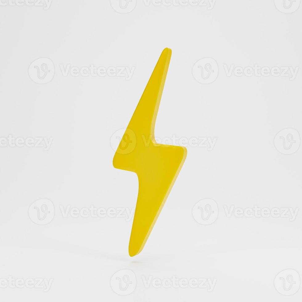 Ilustración 3d de renderizado 3d. flash, perno de iluminación icono amarillo aislado sobre fondo blanco. trueno símbolo de peligro y poder. foto