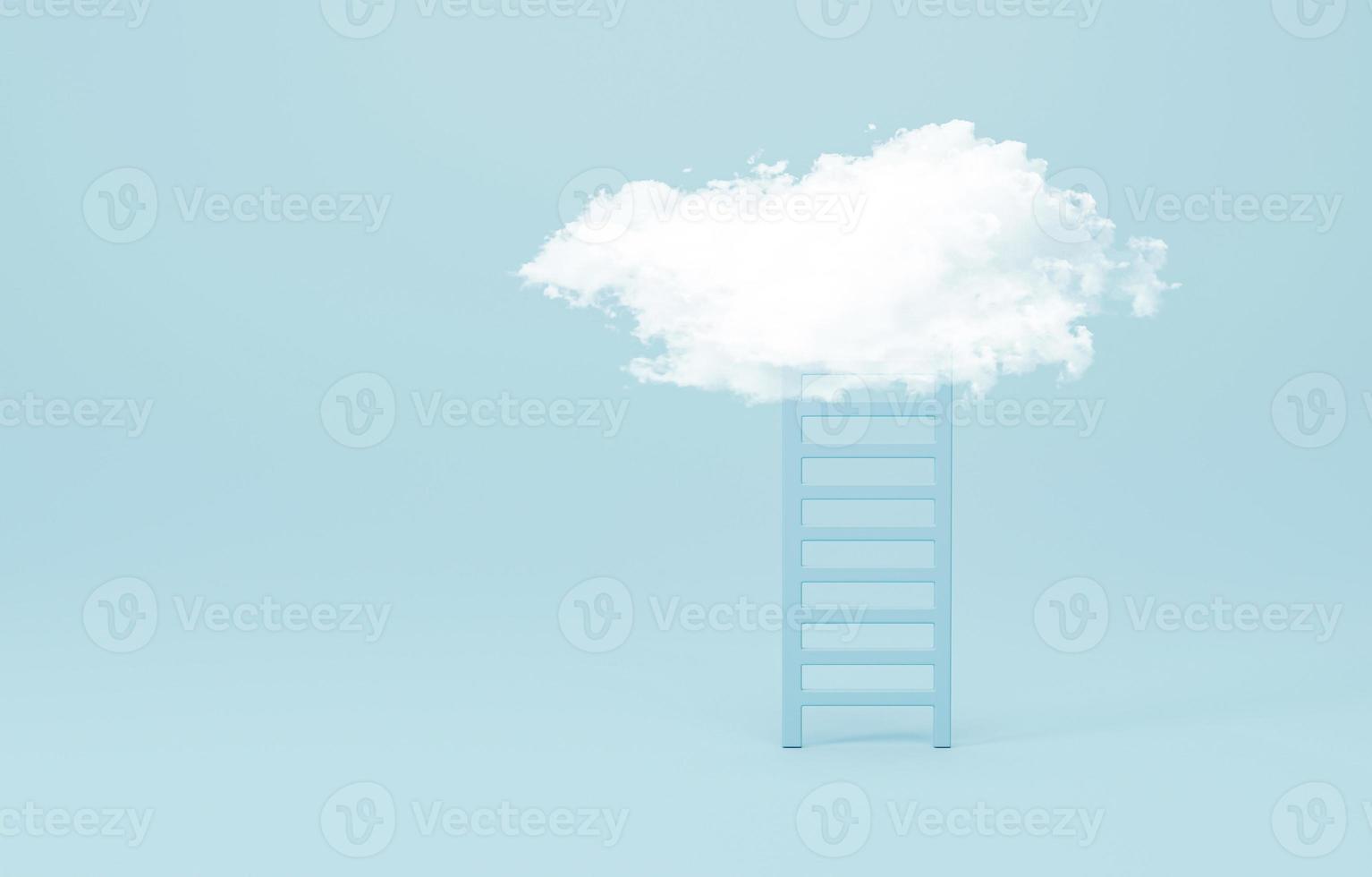 3d rendering, 3d illustration. white fluffy cloud above the ladder on blue background. Minimal composition concept. photo
