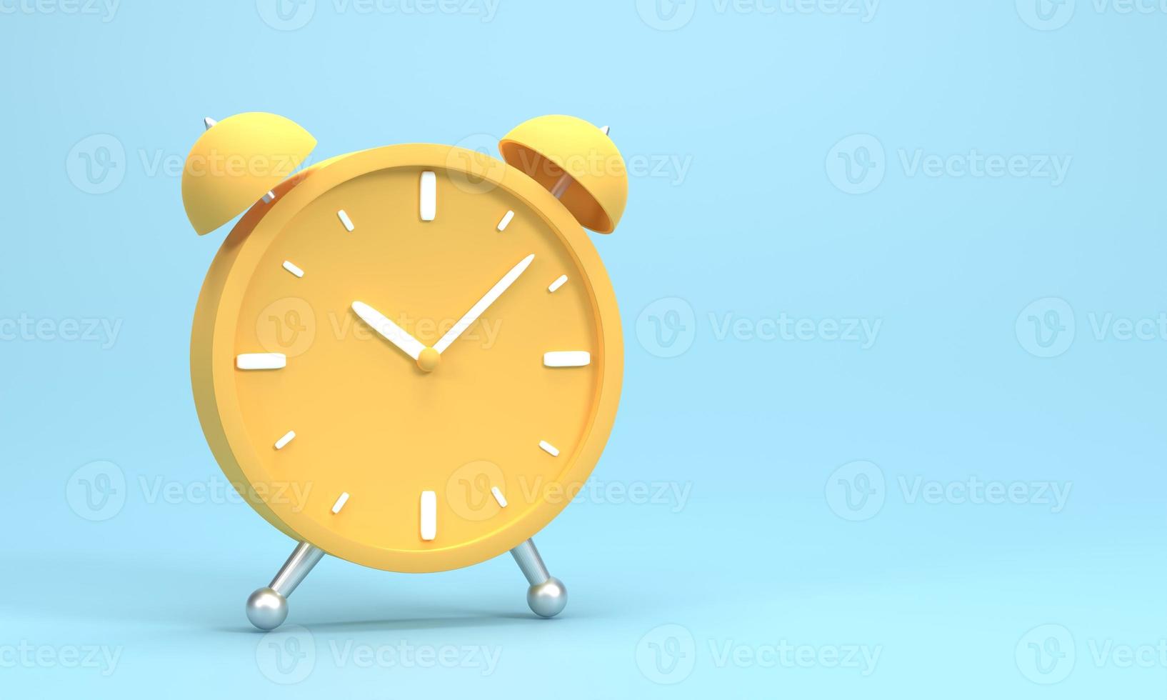 3D render, 3D illustration. Vintage circle yellow clock icon. Simple twin bell alarm clock on blue background. Minimal creative concept. photo