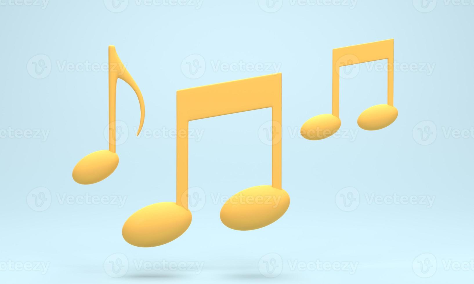 3D rendering, 3D illustration. Yellow music note icon on blue pastel background. Design element for song, melody or tune flat. photo