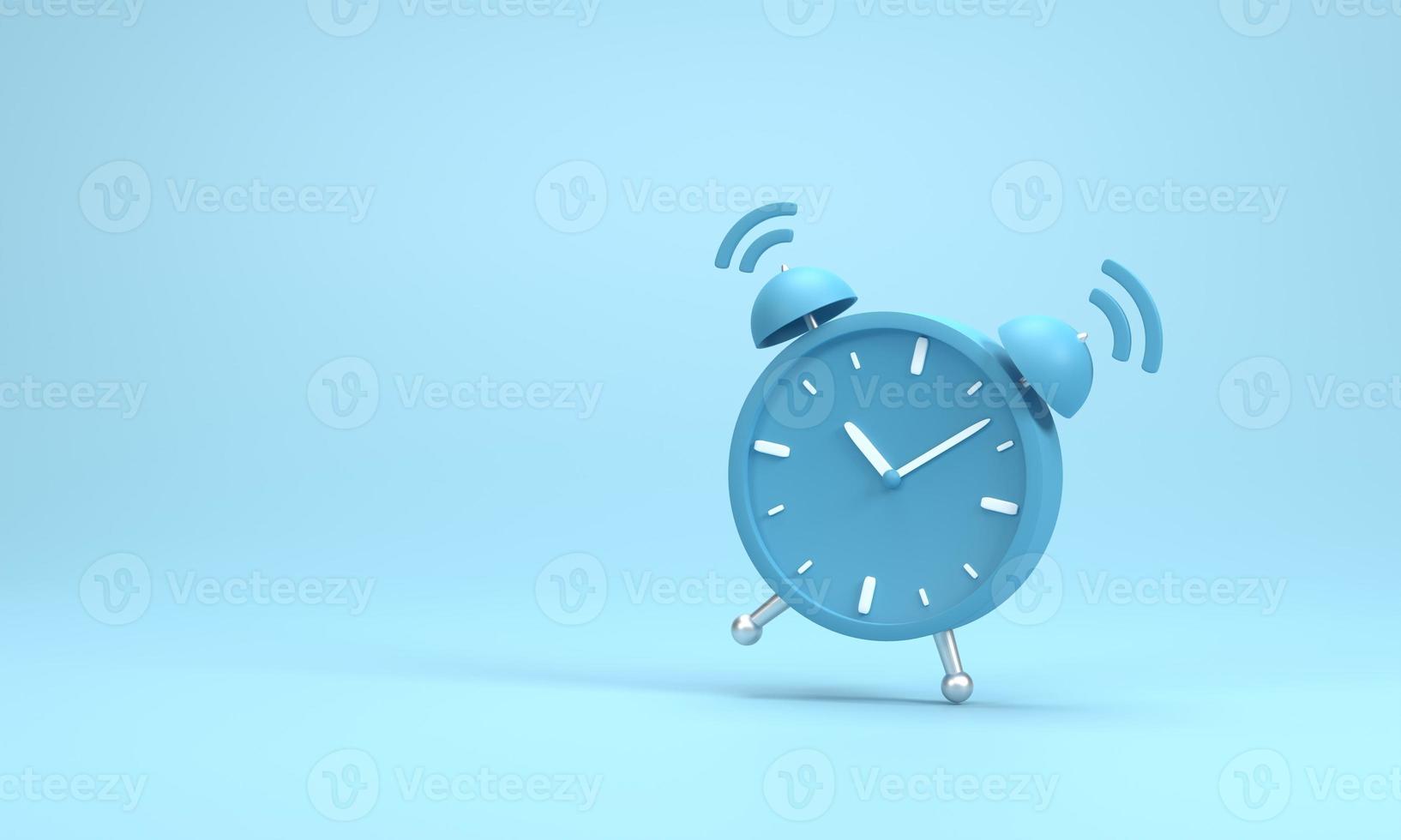 3D render, 3D illustration. Vintage circle clock icon. Simple twin bell alarm clock on blue background. Minimal creative concept. photo