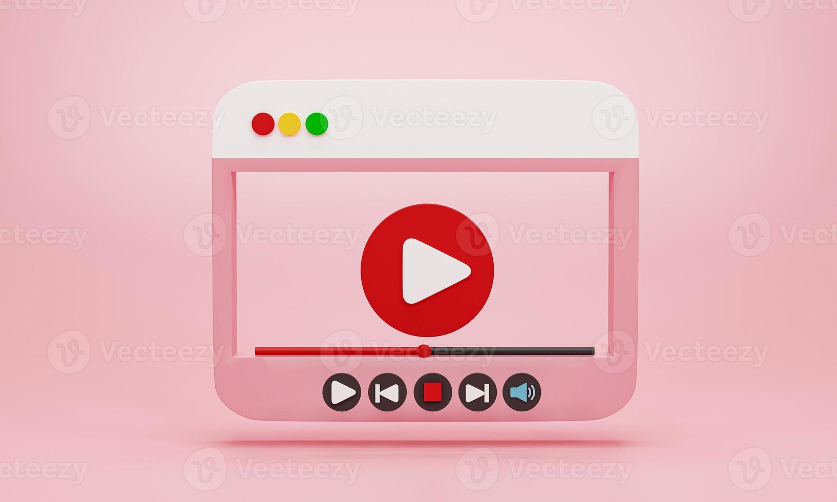 Ilustración 3d de renderizado 3d. reproductor de video de estilo minimalista con botón de reproducción en fondo rosa. concepto de reproducción de video foto