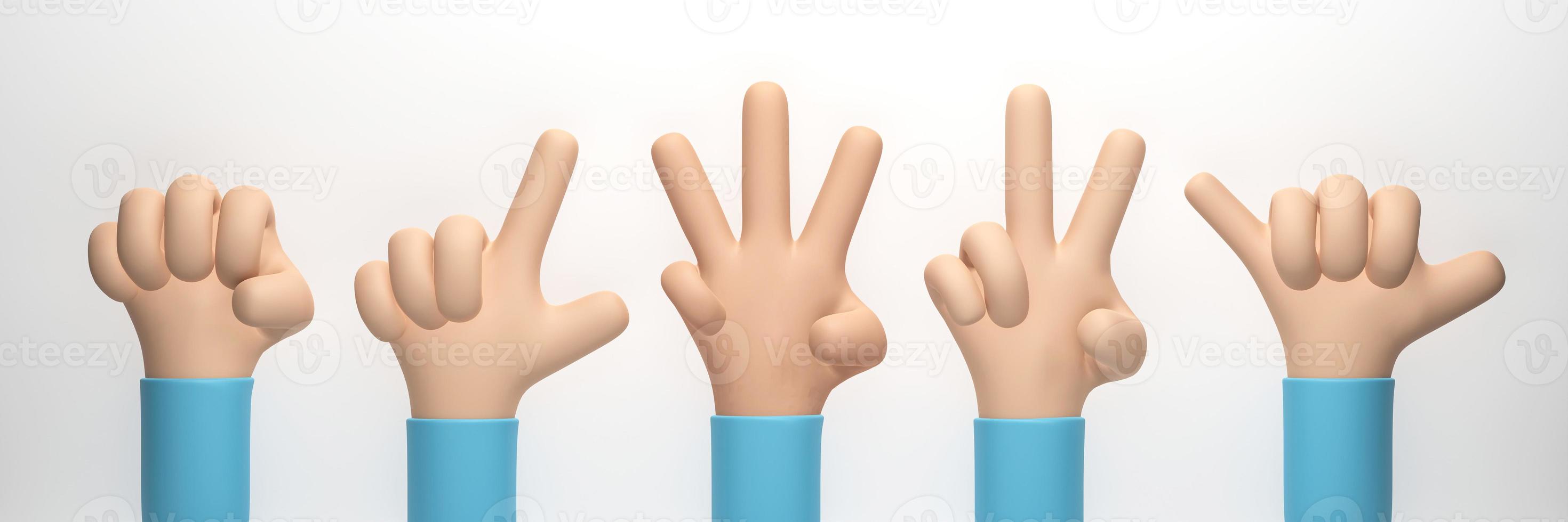 representación 3d, ilustración 3d. mano muestra diferentes gestos aislados sobre fondo blanco. estilo de dibujos animados de manos simples foto
