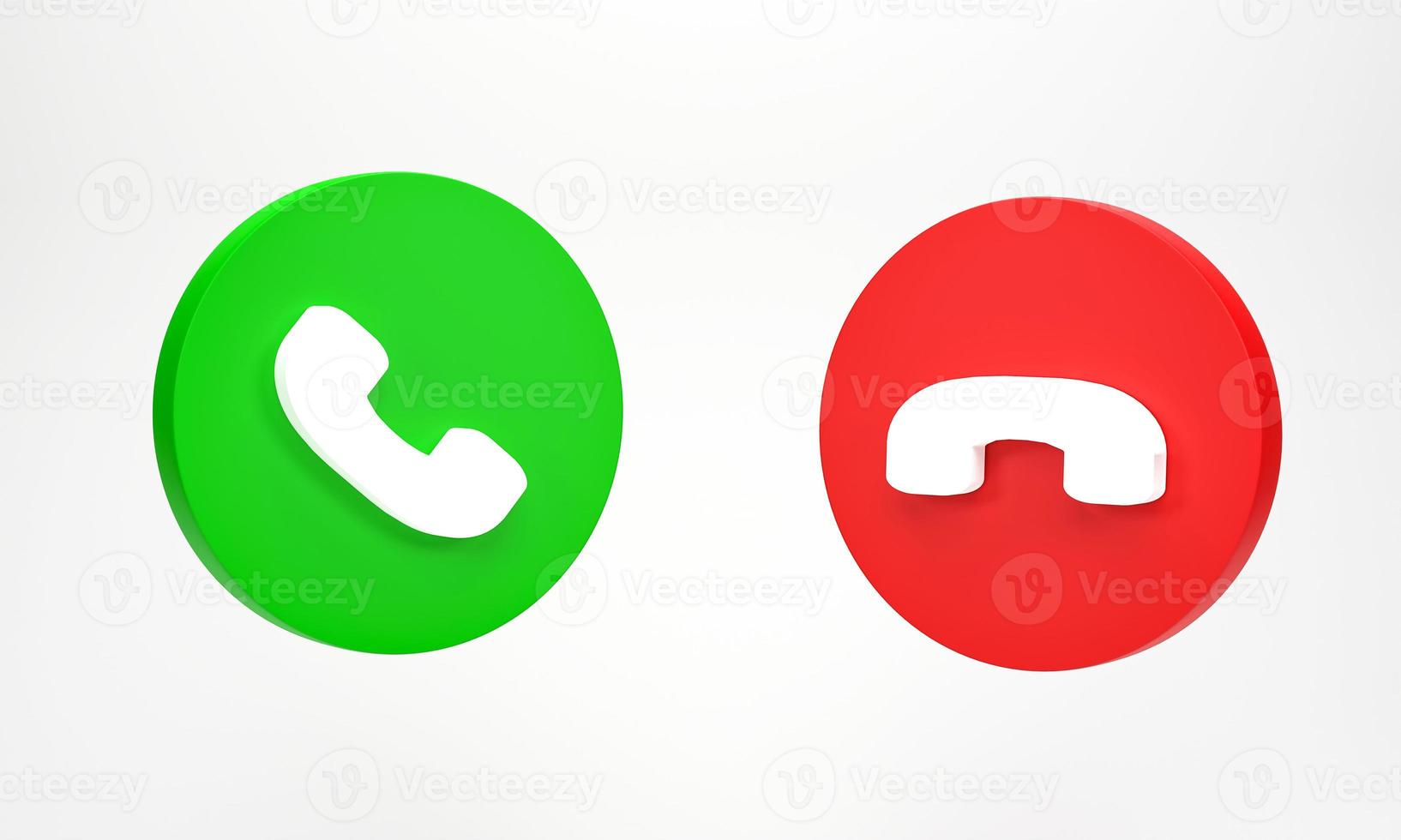 representación 3d, ilustración 3d. icono de llamada telefónica aislado sobre fondo blanco. iconos de teléfono en verde aceptar y rojo rechazar llamada entrante foto