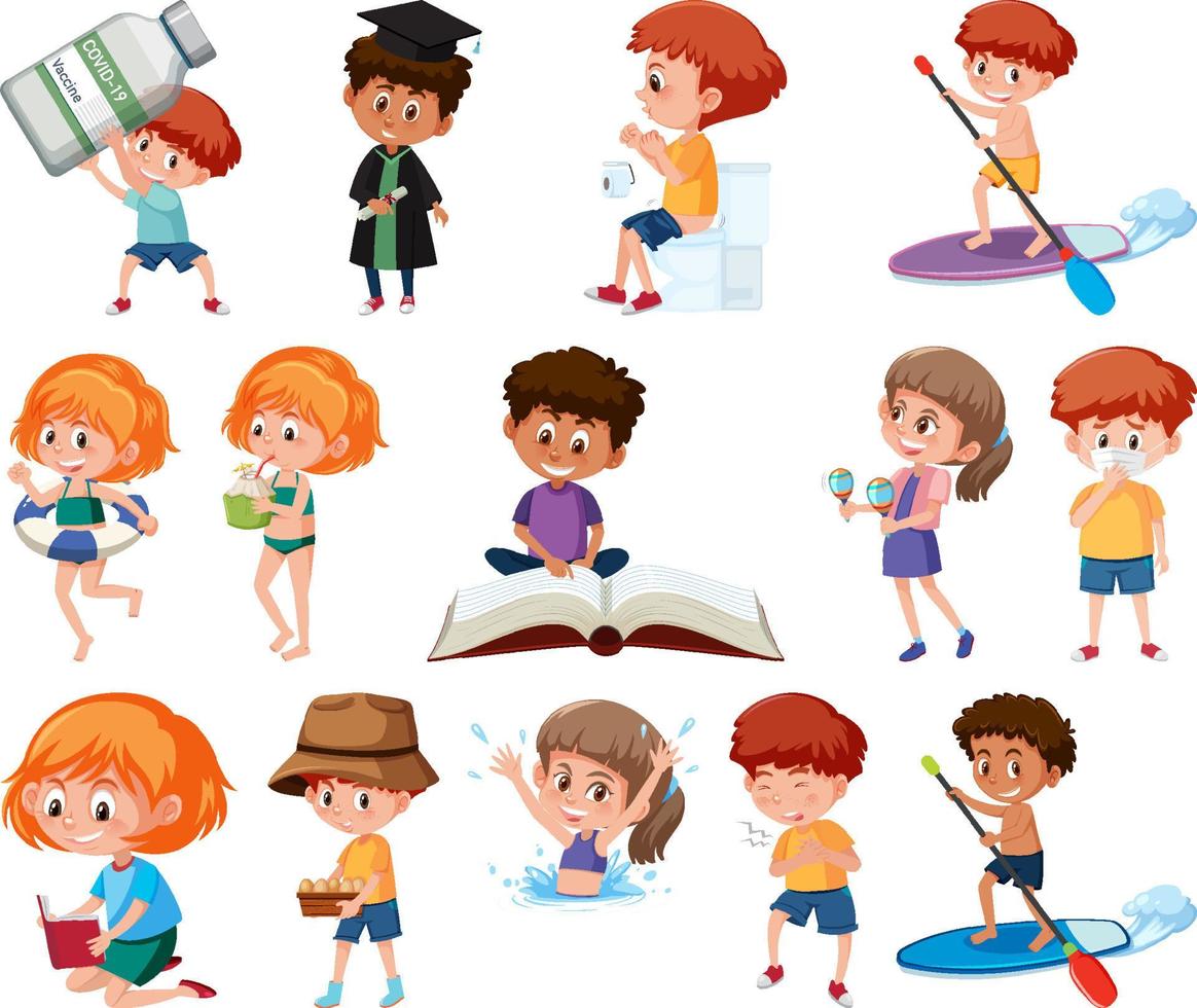 Set of children doing different activities on white background vector