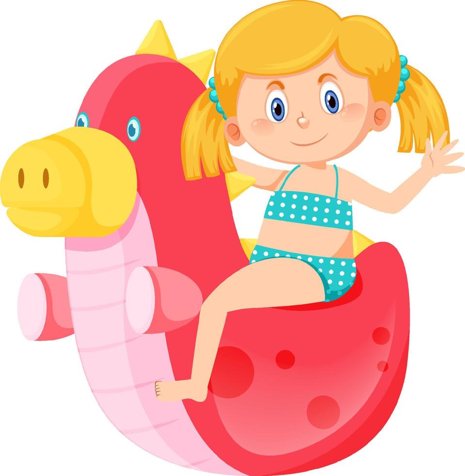 Girl in swimwear next to inflatable dinosaur vector