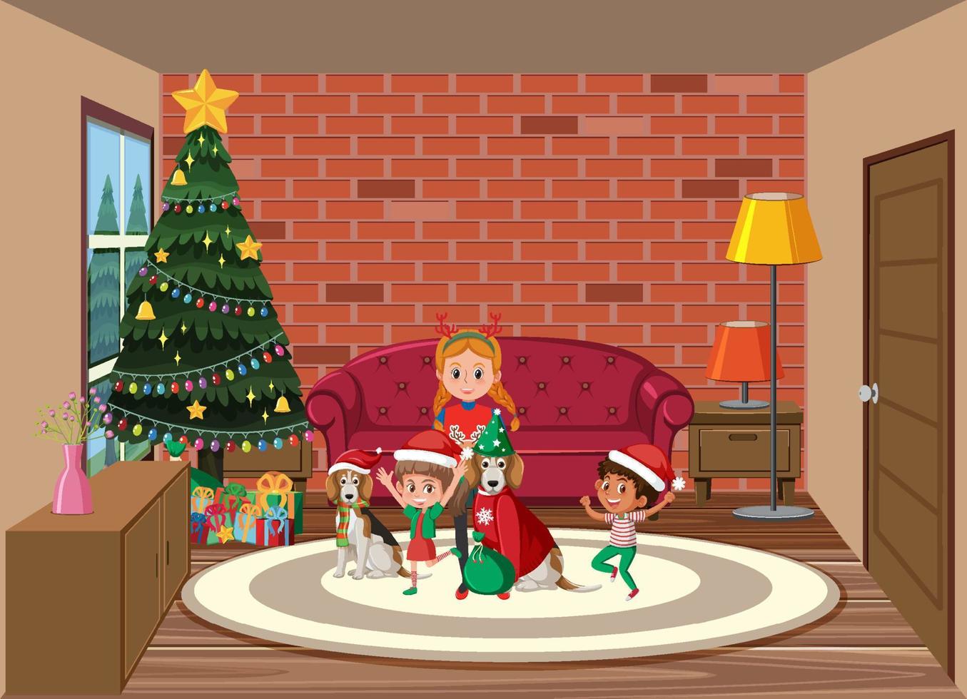 tema navideño con niños y árbol de navidad vector