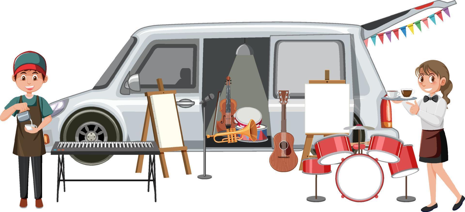 People and many musical instruments on sale vector