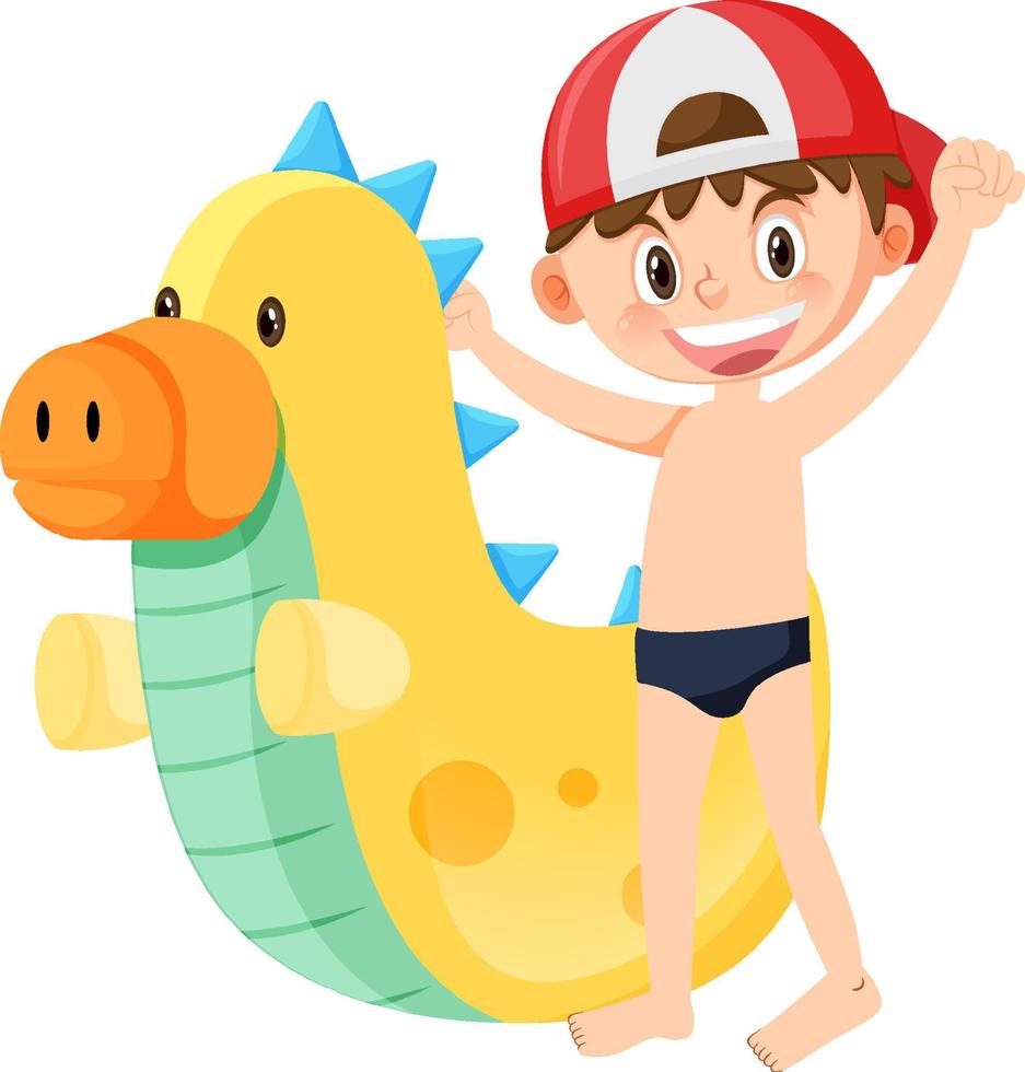 niño en traje de baño junto a un dinosaurio inflable vector