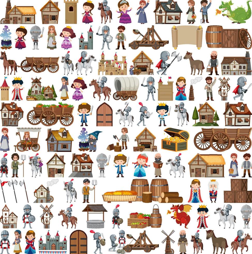 conjunto de edificios de personajes medievales vector