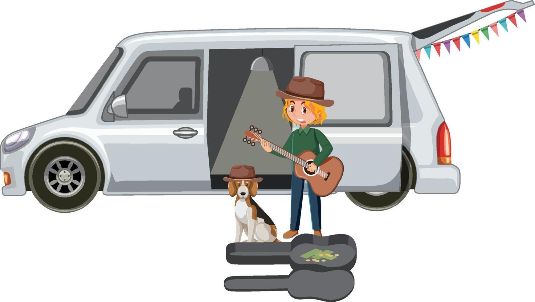 Boy playing guitar by the van vector