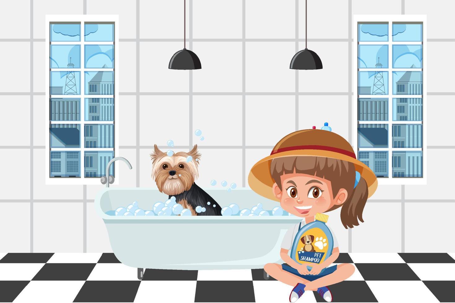 niña feliz con su perro en la bañera vector