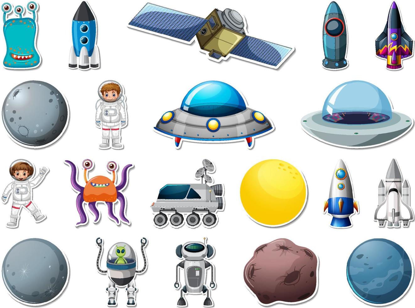 Sticker set of outer space objects and astronauts vector