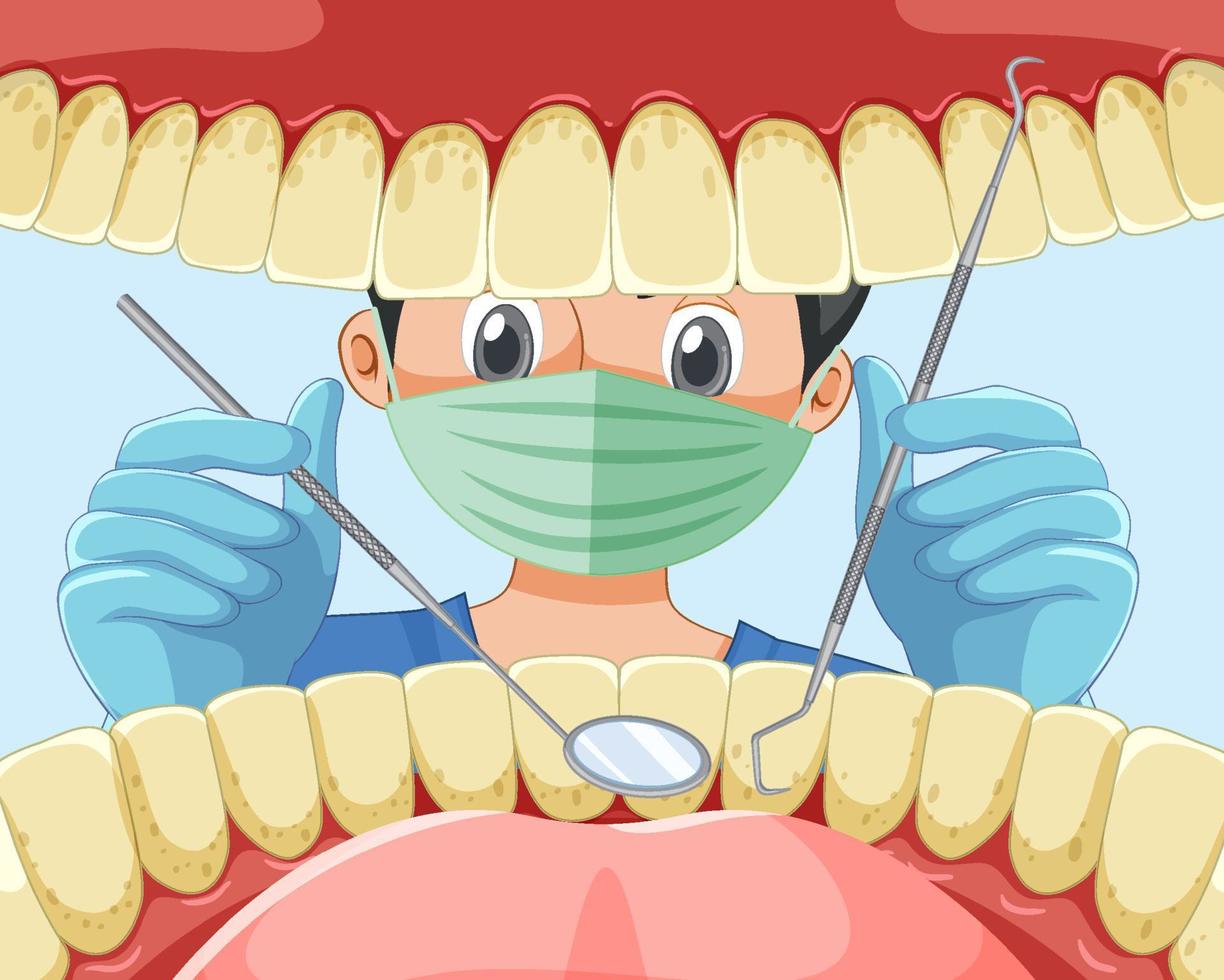 Dentist holding instruments examining patient teeth inside human mouth vector