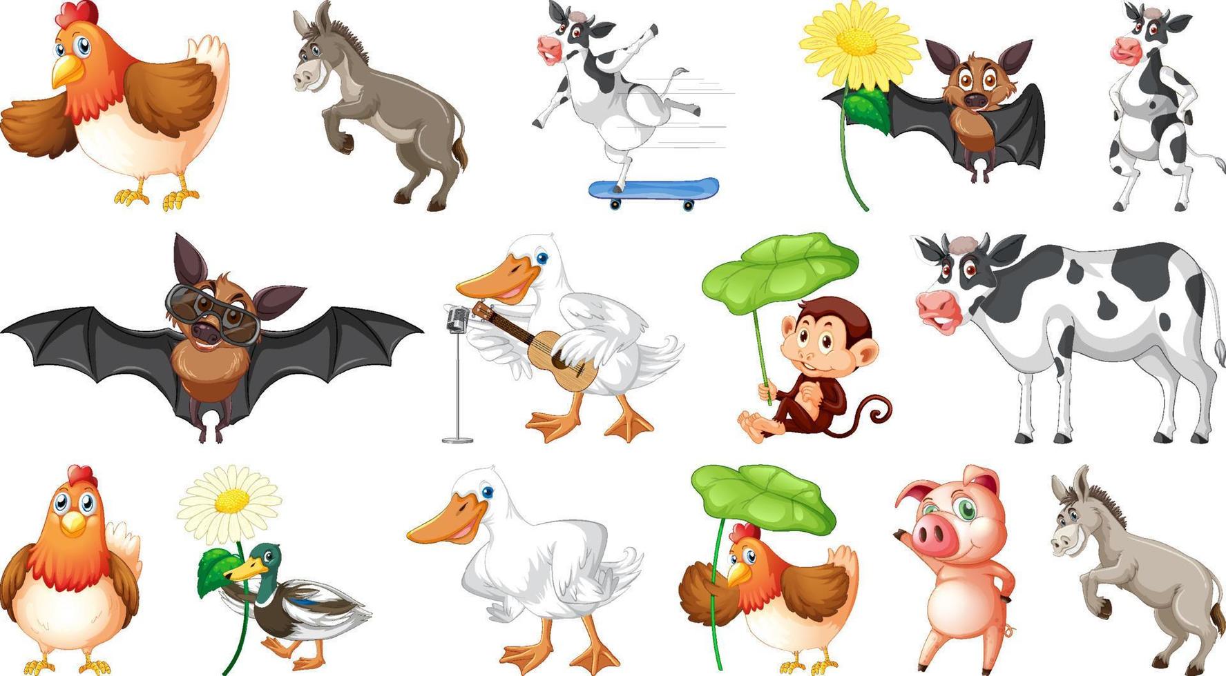 Many farm animals on white background vector