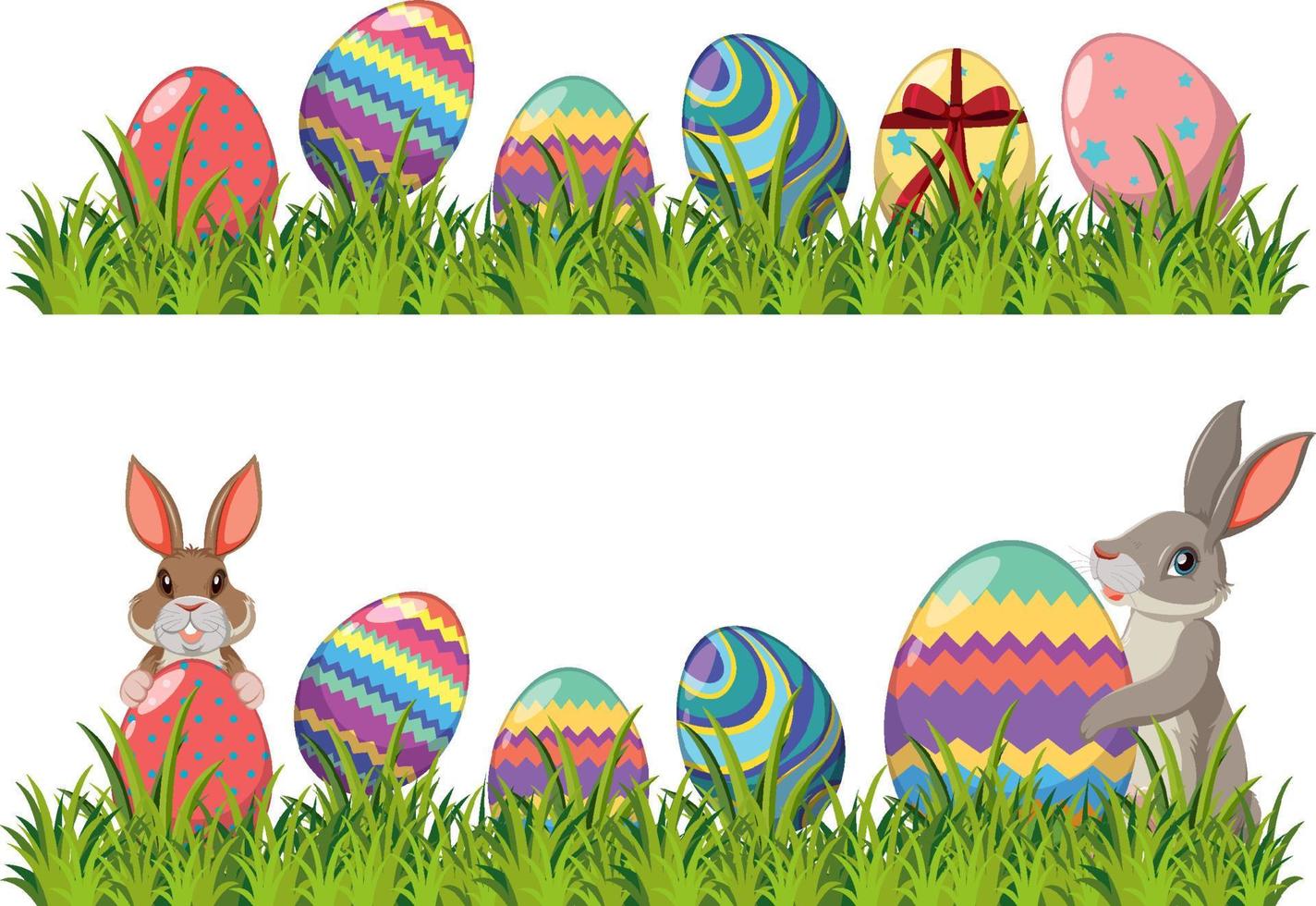 conejito de pascua y huevos decorados sobre hierba verde vector