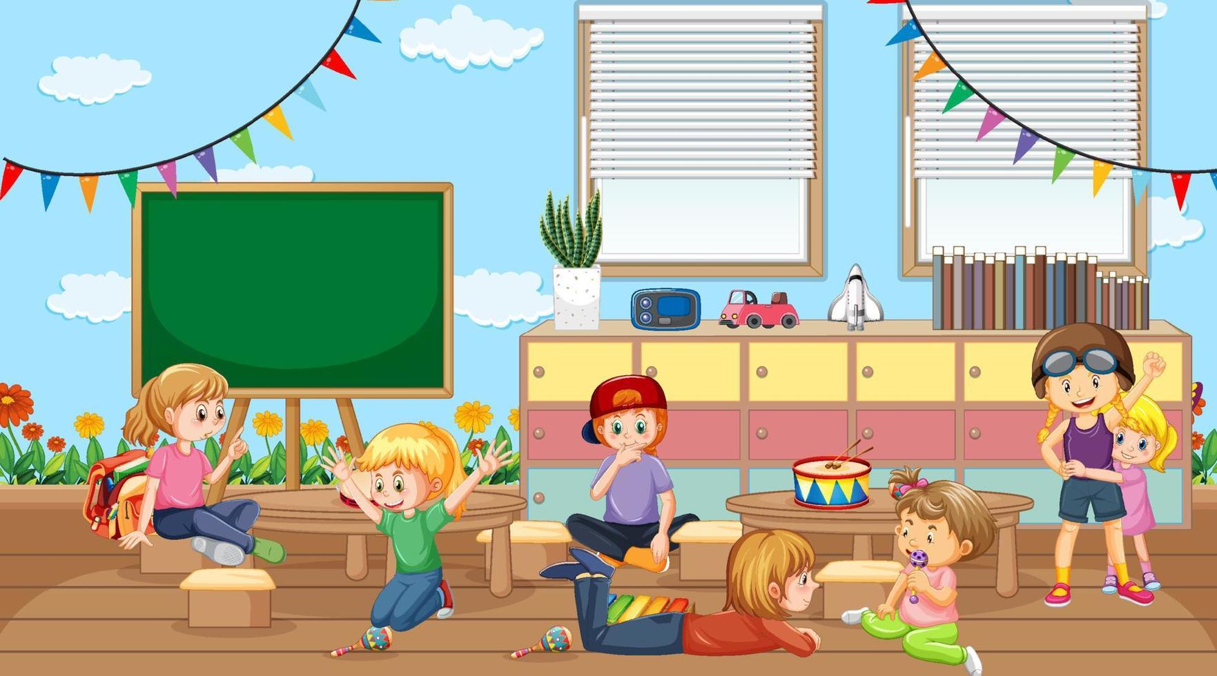 Scene of classroom with many kids playing vector