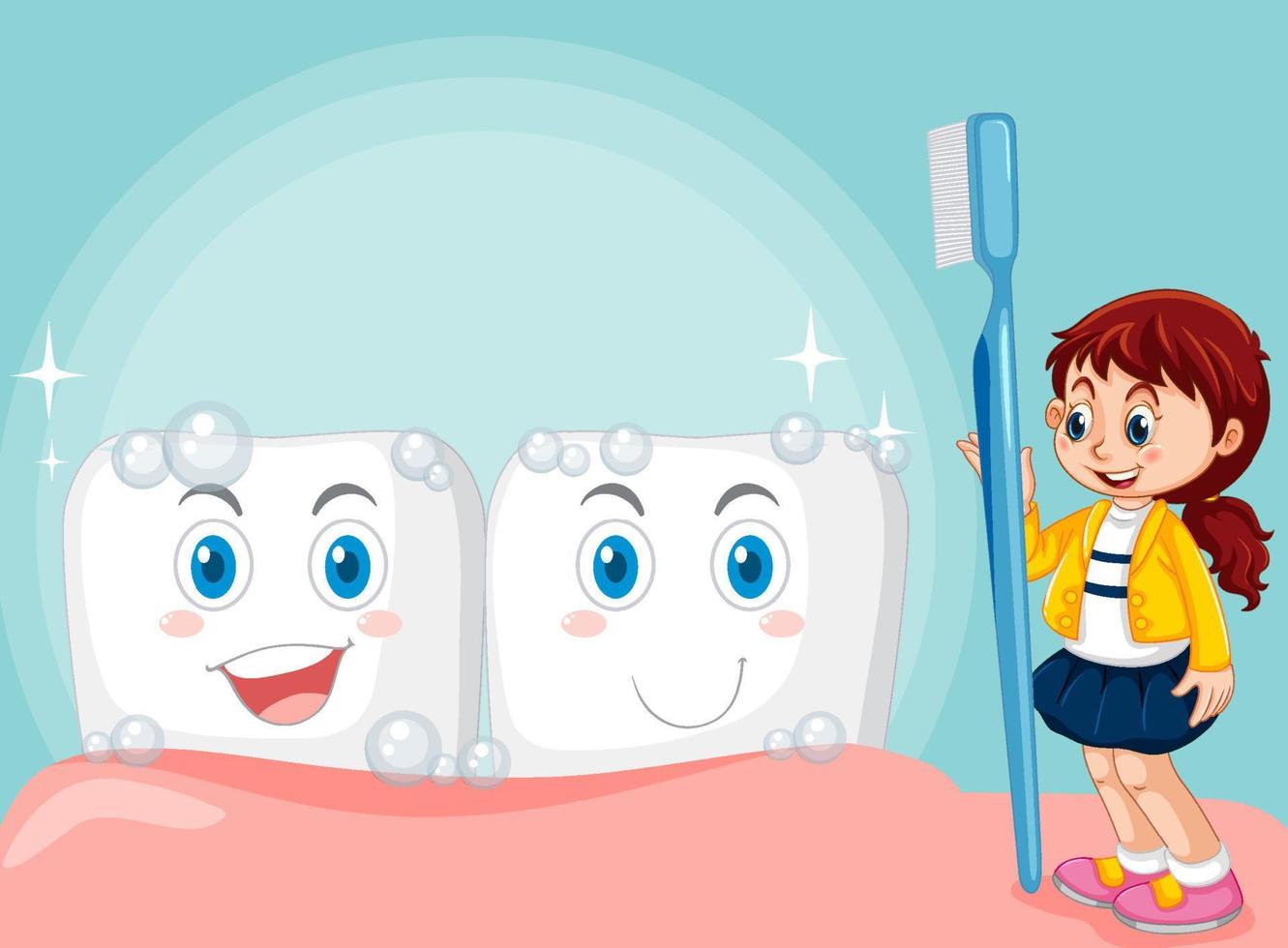 A little girl holding toothbrush with strong teeth on white background vector