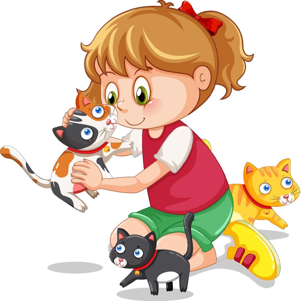 una niña jugando con sus gatos vector