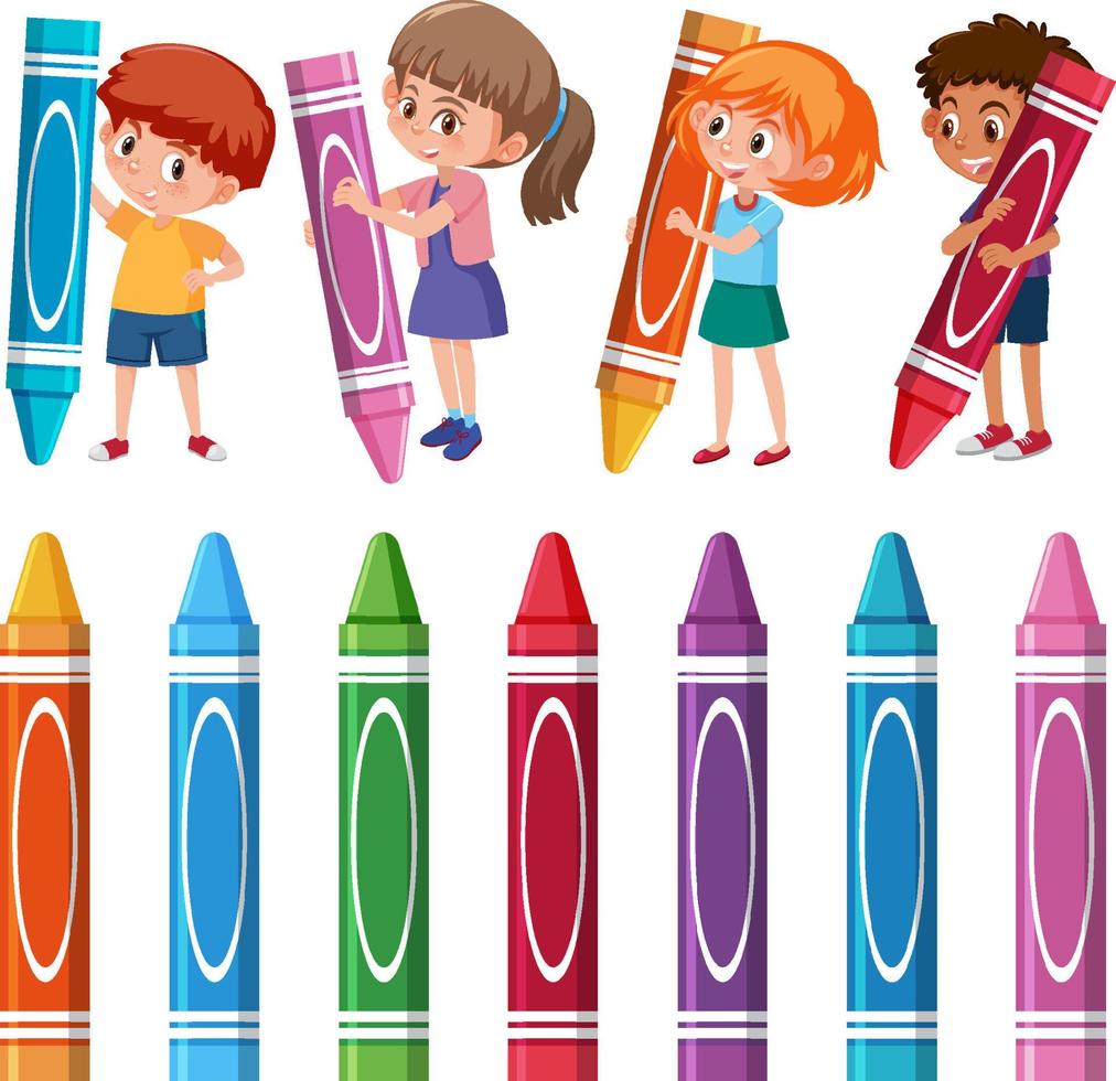 Set of different kids holding colour crayon sticks vector