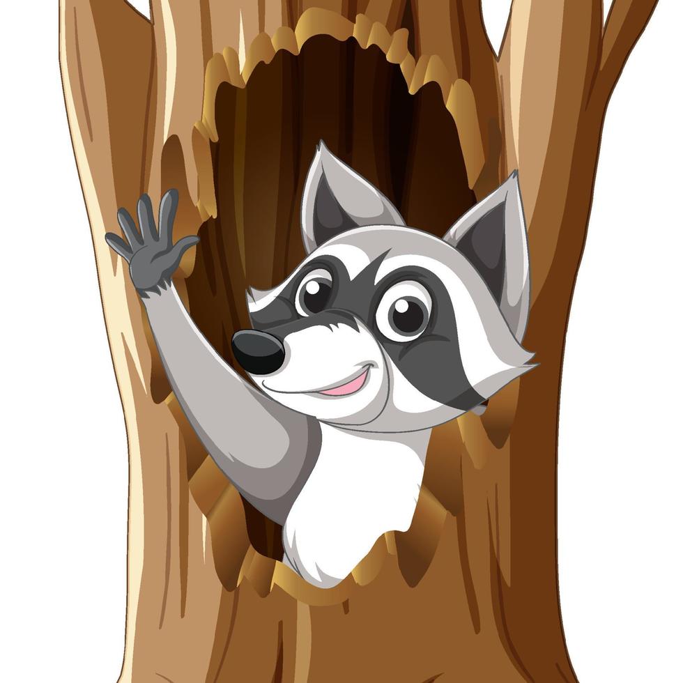 Raccoon waving hand from hollow vector