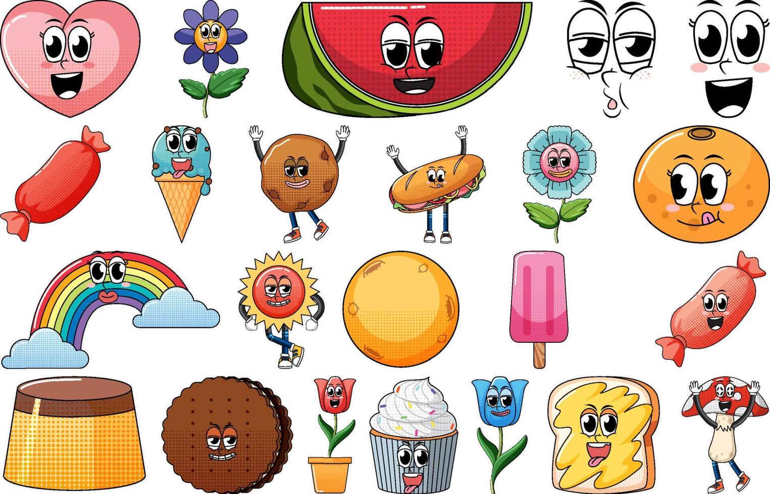 Set of facial expression with vintage style food cartoon on white background vector