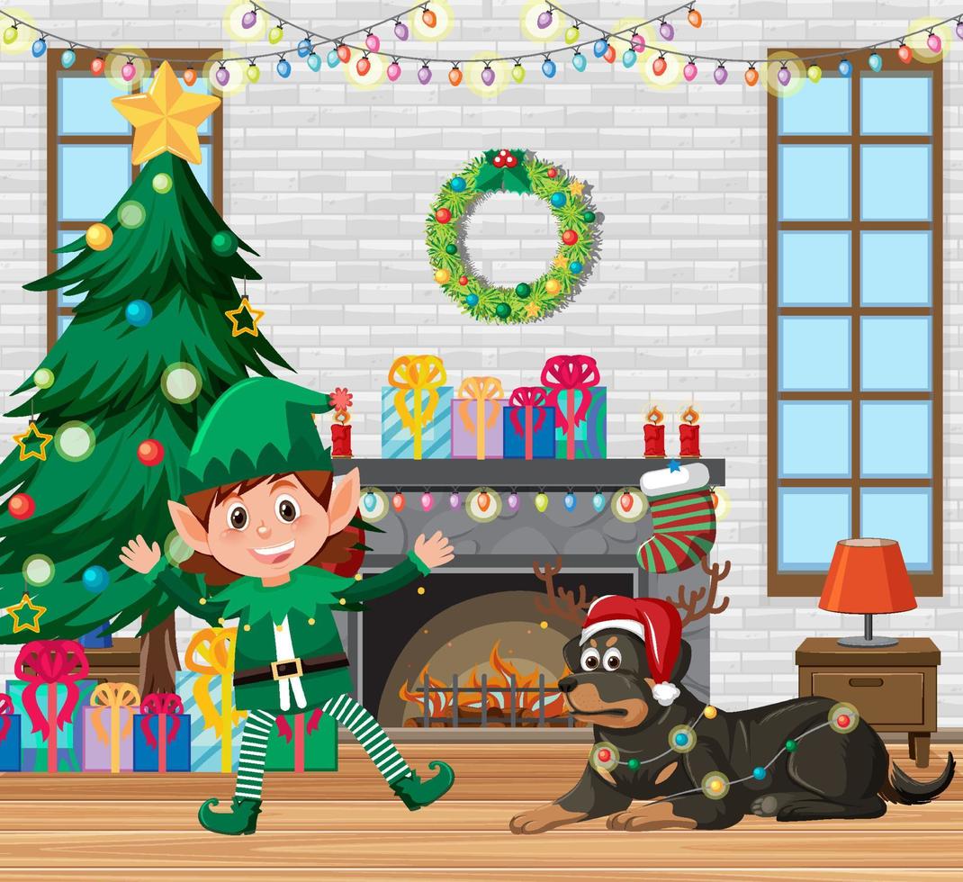 tema navideño con duende y perro en casa vector