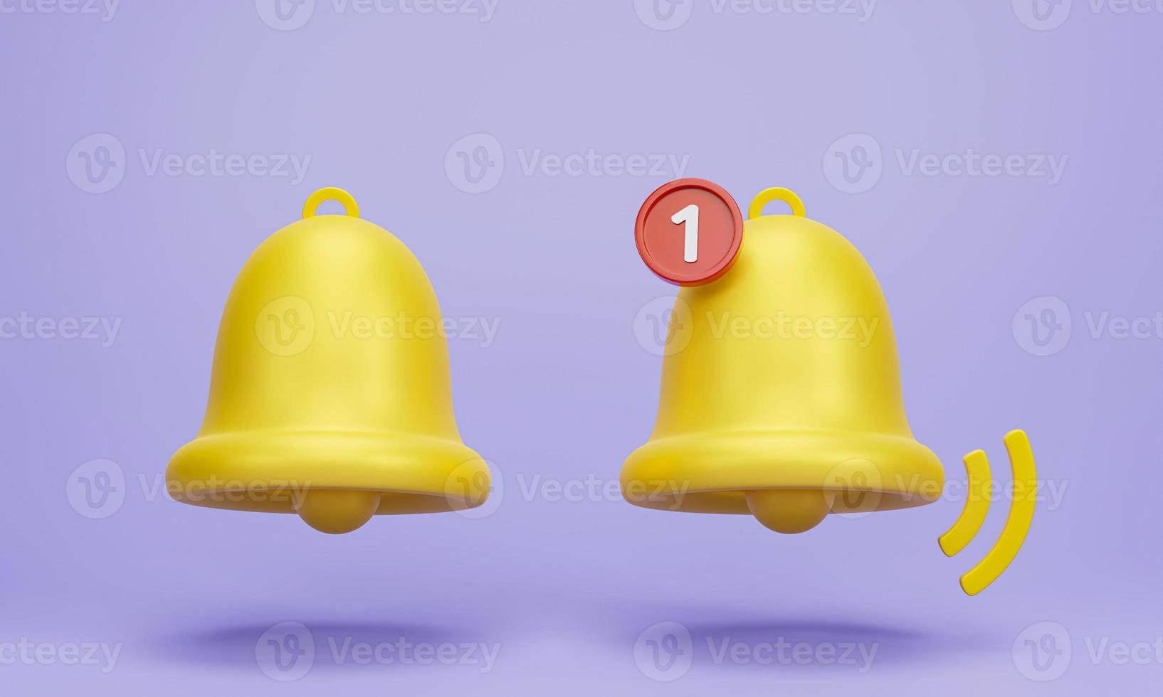 3D rendering, 3D illustration. Two yellow notification bell is ringing with one new notification on purple background. photo
