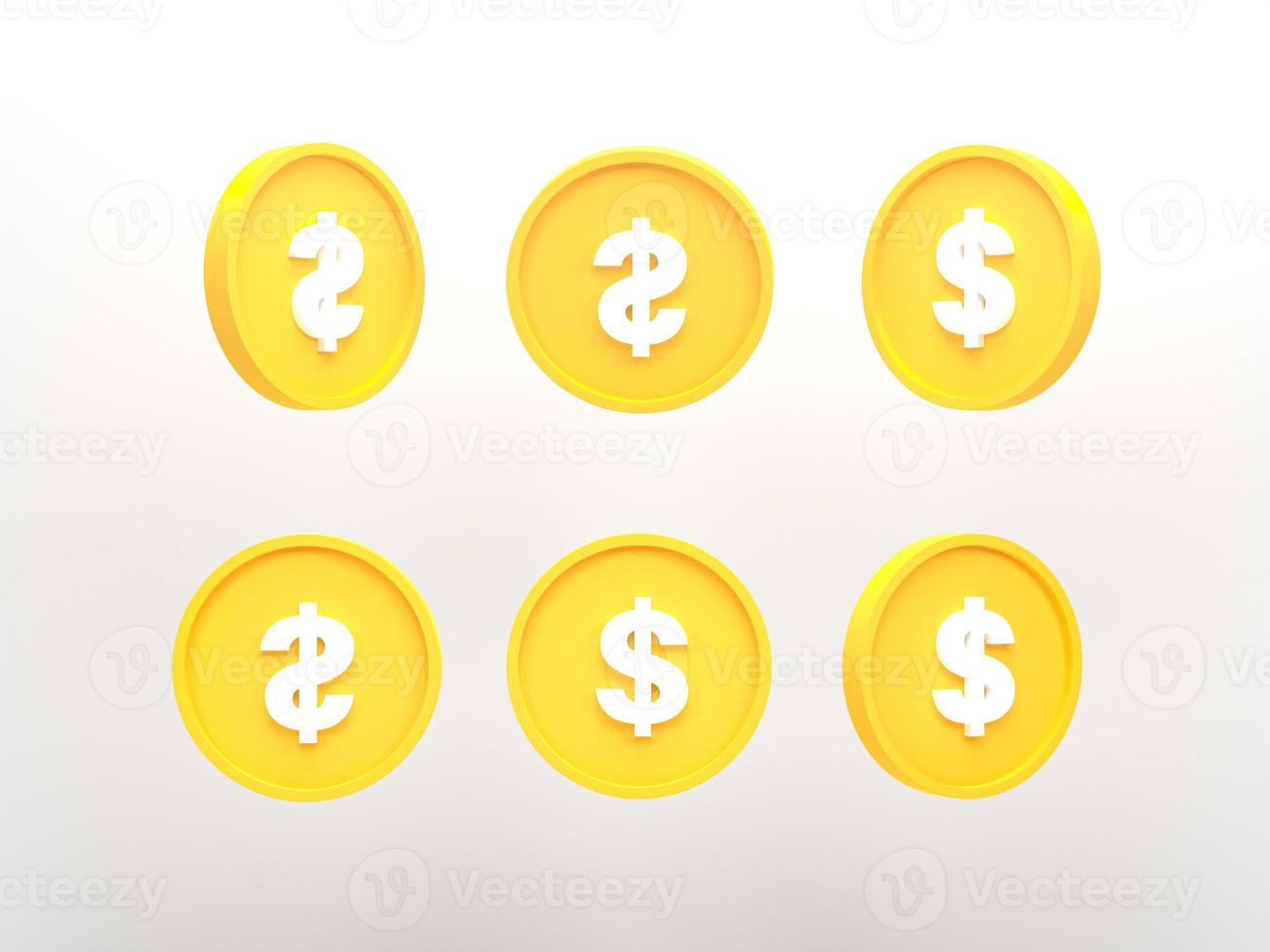 3D rendering, 3D illustration. Set of dollar coin in different shape isolated on white background. photo