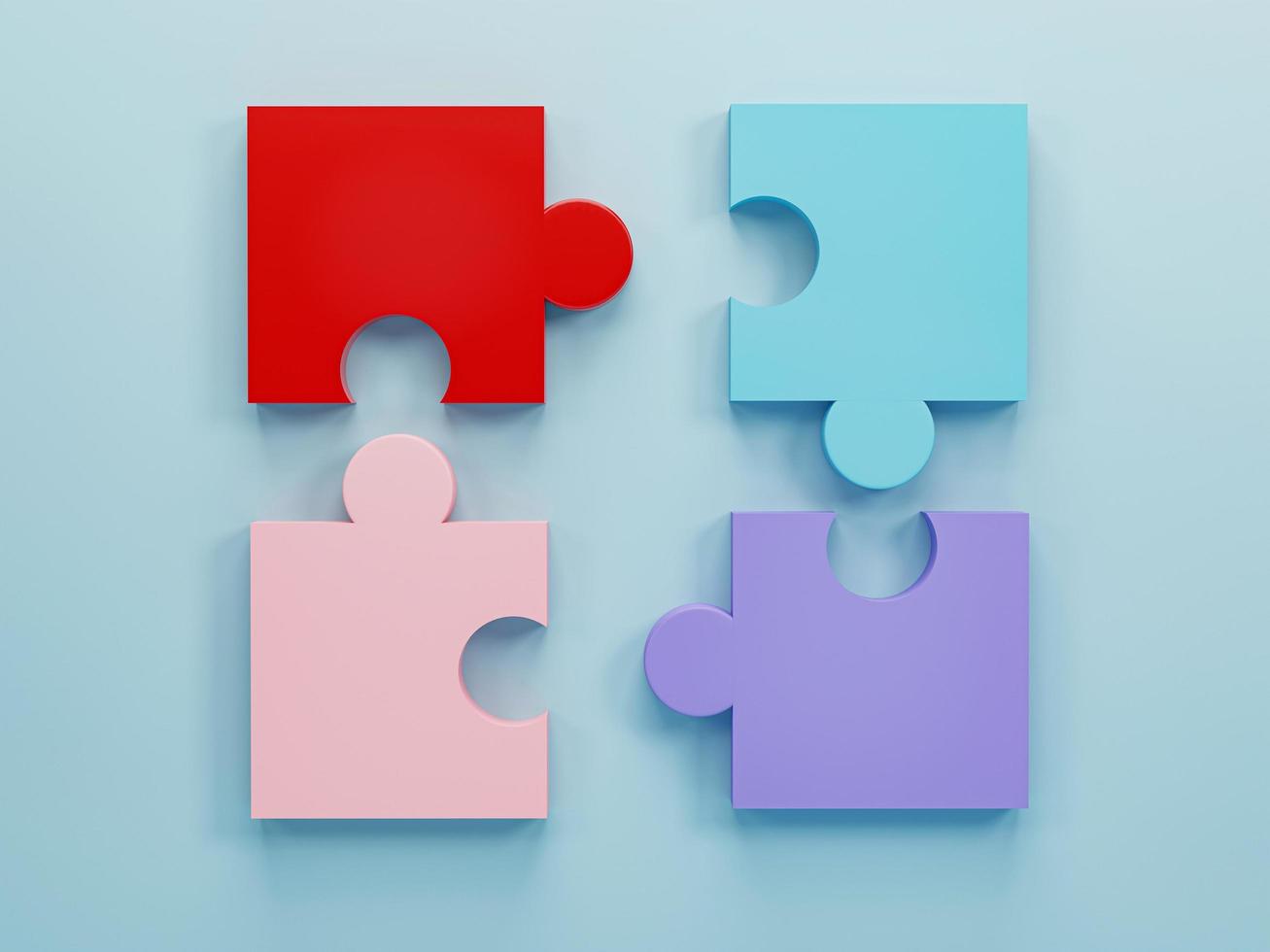 3d rendering, 3d illustration. Jigsaw puzzle pieces on light blue background. Puzzle pieces icon. Problem-solving concept. photo