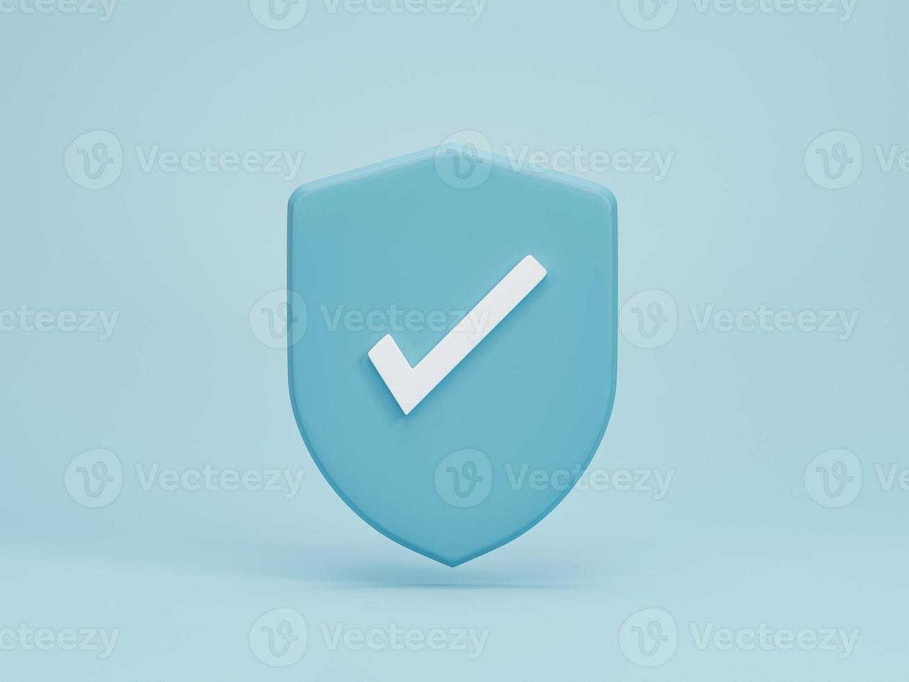 3d render 3d illustration. Checkmark icon on guard shield protection symbol on blue background. safety minimal concept. photo