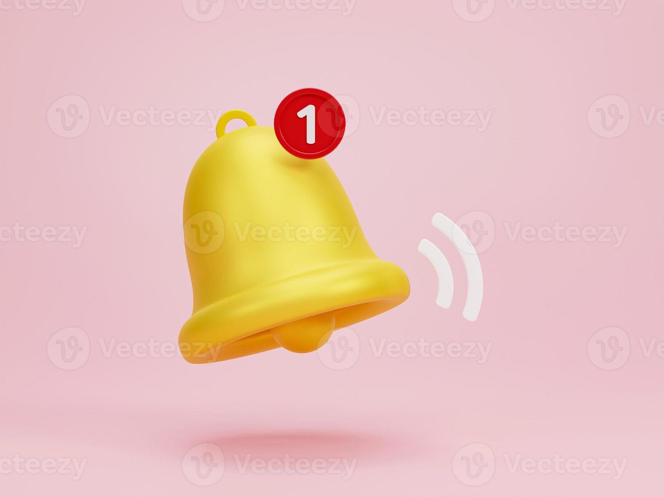 3D rendering, 3D illustration. Yellow notification bell is ringing with one new notification on pink background. Minimal social media element. photo
