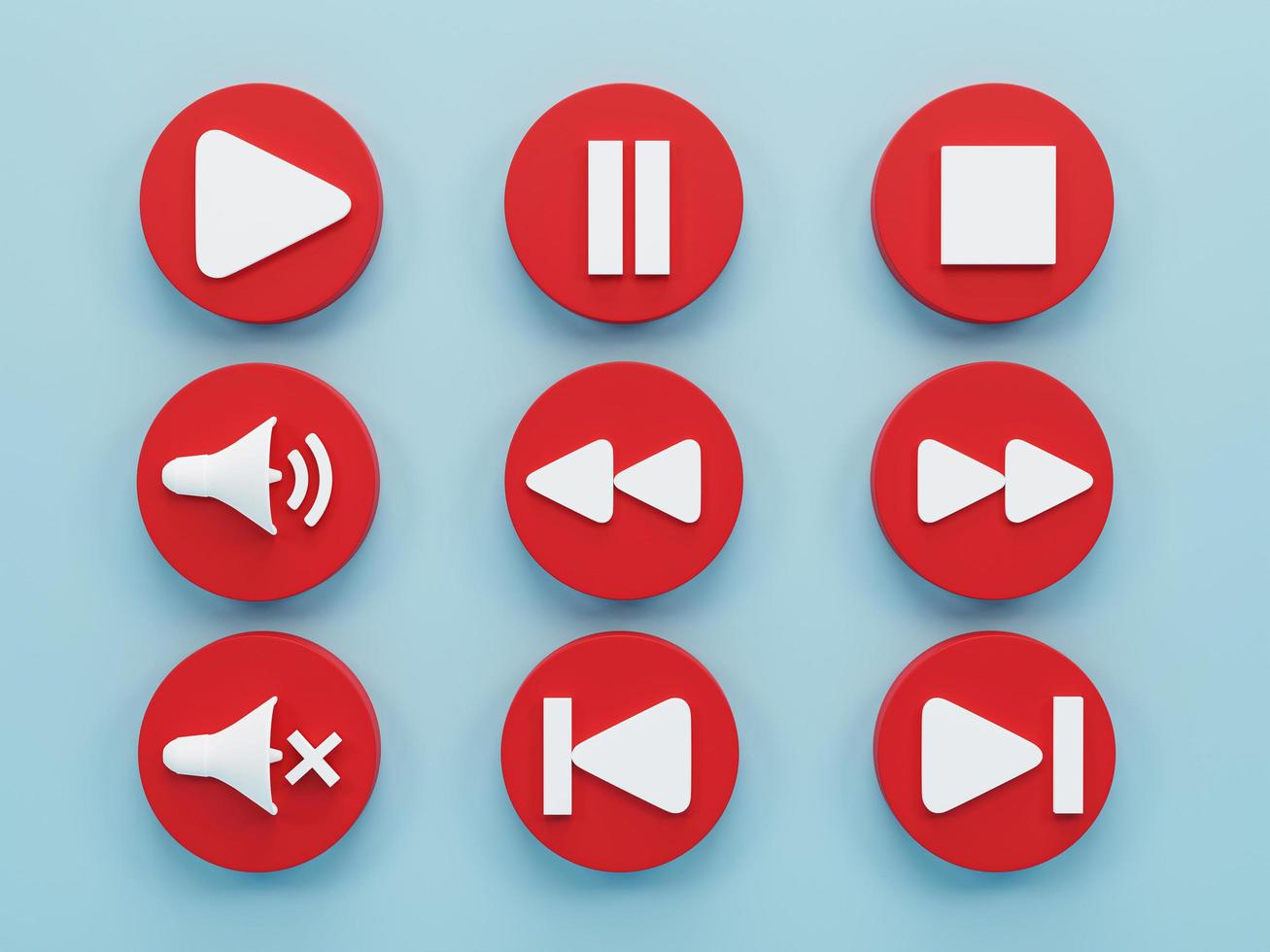 3d render 3d illustration. set of media player button icons on blue background. photo