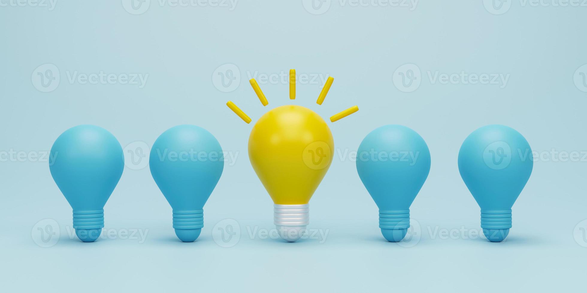 3d render 3d illustration. Yellow light bulb between the bulbs others on blue light background. Concepts of leadership, innovation, different creative idea and individuality. photo