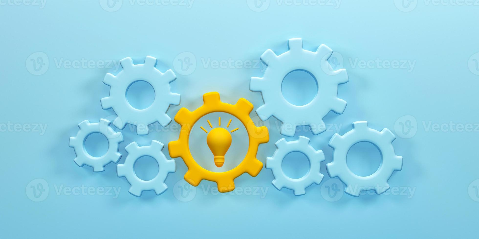 3D rendering, 3D illustration. Gear wheels. cogs and gears mechanism on blue background. Teamwork cooperation machine symbolism concept. photo