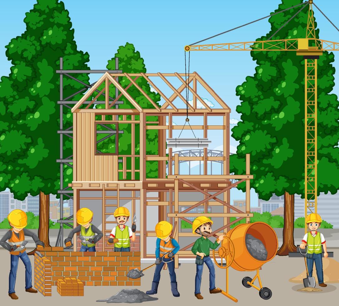 sitio de construcción con trabajadores vector