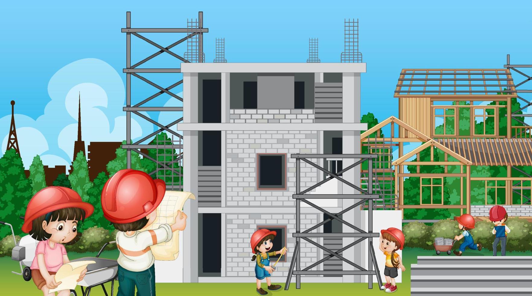 Building house construction site and workers vector