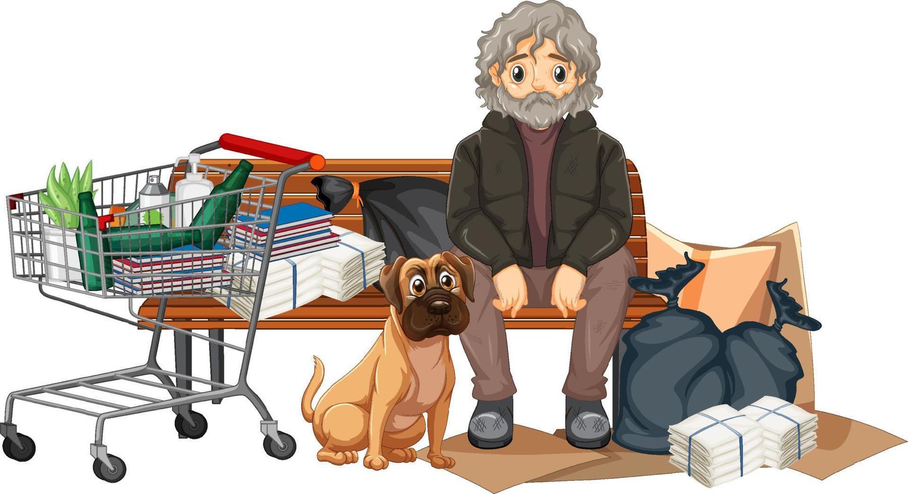 Homeless man sitting near garbage vector