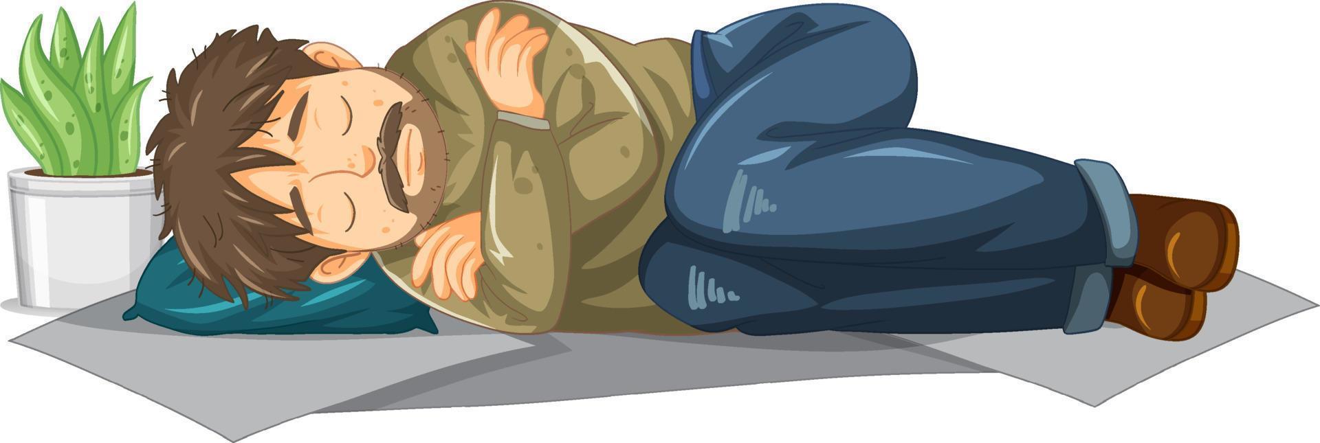 Homeless old man sleeping cartoon character vector