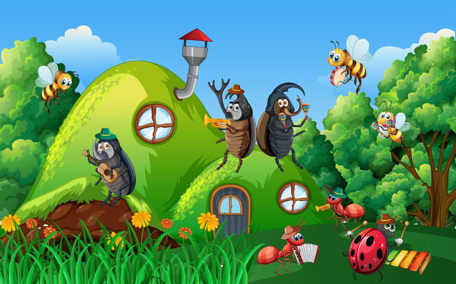 Nature scene with cartoon insects vector