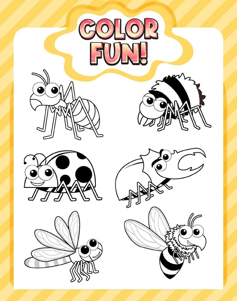 Worksheets template with color fun text and insect outline vector